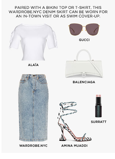 PAIRED WITH A BIKINI TOP OR T-SHIRT, THIS WARDROBE.NYC DENIM SKIRT CAN BE WORN FOR AN IN-TOWN VISIT OR AS SWIM COVER-UP.