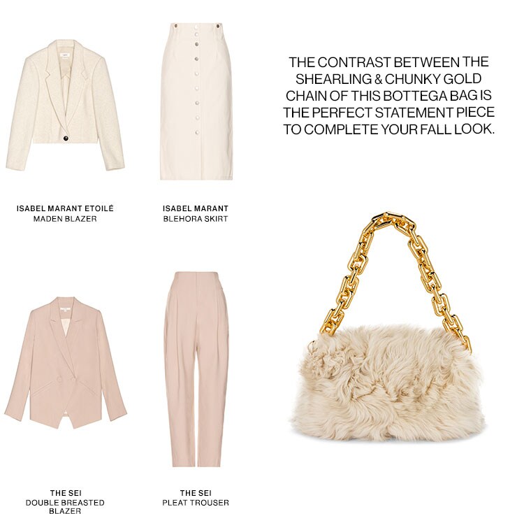 The contrast between the shearling & chunky gold chain of this Bottega bag is the perfect statement piece to complete your fall look.