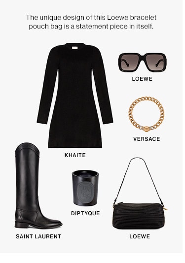 The unique design of this Loewe bracelet pouch bag is a statement piece in itself.