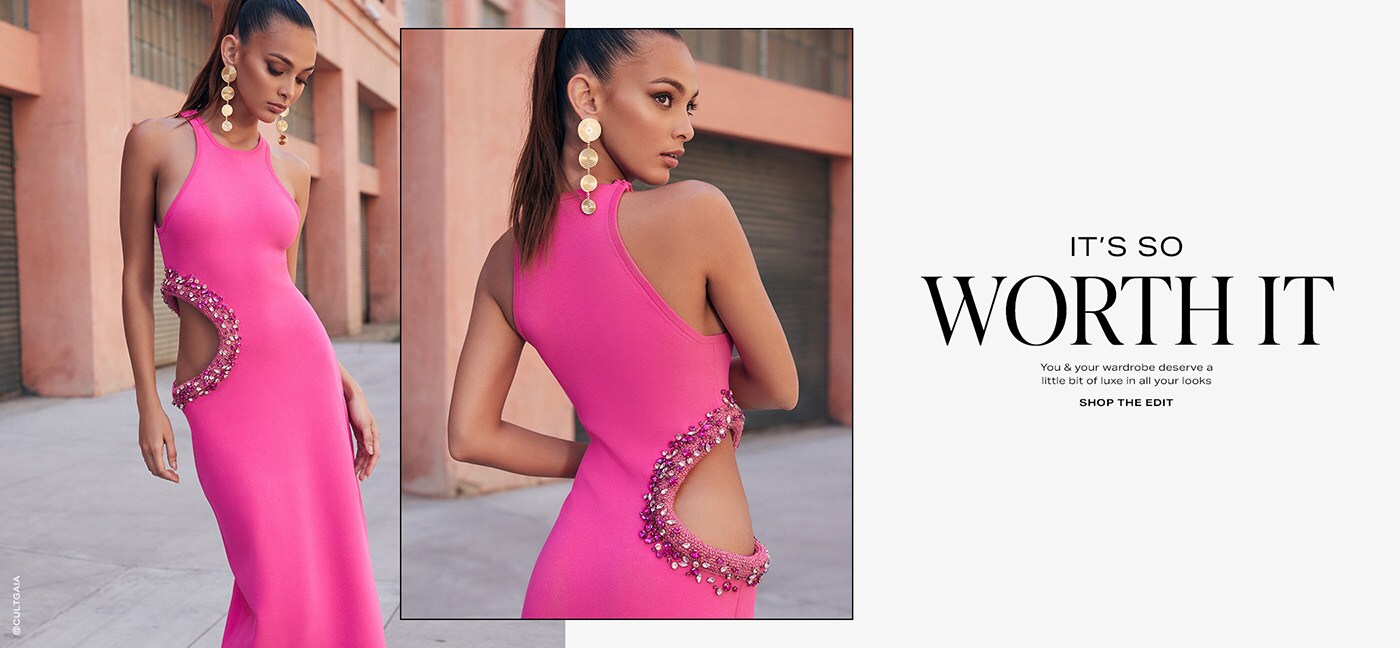Two photos of a model wearing a bright pink maxi dress that features a high scoop neck and a large cutout on one side of the dress, which is outlined with white and varying shades of pink crystal embellishments. She is also wearing a pair of dangle gold earrings that feature four circles going from big to small. It\u2019s So Worth It. Shop the Edit.