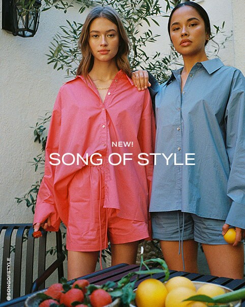 Two photos of a model wearing a pink long sleeve button down shirt and matching shorts and another model wearing a blue long sleeve button down shirt and matching shorts. A photo of a model wearing a a cut out, long sleeve top and jeans and another model wearing a matching long sleeve top and midi skirt. New! Song of Style. Shop the Collection.