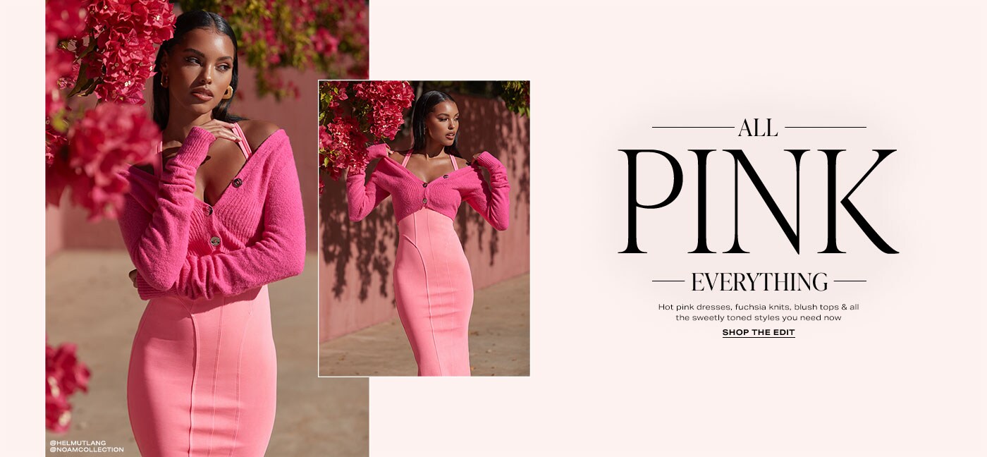 Two photos of a model wearing a pink cardigan and pink dress. All Pink Everything. Shop the Edit.
