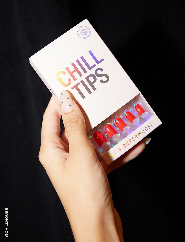 A box of bright red Chilltips nail press ons. 