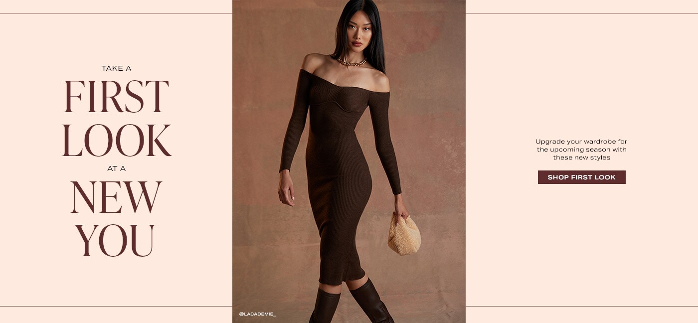 A photo of a model wearing a brown knit ribbed midi dress that features long sleeves and an off the shoulder style. It has a bustier style cup outline. She is carrying a cream fuzzy handbag and wearing knee high brown leather boots. Take a First Look at a New You. Shop First Look.