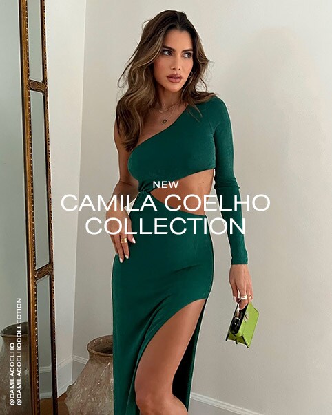 A photo of Camila Coelho wearing a green one-shoulder long sleeve maxi dress. The dress features a large cutout on one side and a high slit on the same side. A photo of a model wearing a cropped cream knit sweater paired with a pair of baggy cream shorts that have a matching belt. She is also wearing a pair of knee-high cream boots. A photo of a model wearing a bubblegum pink mini dress that has a one shoulder strap and a cutout in the middle of the dress. The skirt and the oen shoulder strap are both ruched. A photo of Camila Coelho wearing a matching green knit set that features a tank top with a lace-up detailing in the center and a pair of pants that have a tie in the center of the waistband. She is wearing a darker green oversized button up over the look. A photo of two models. The model on the left is wearing a green one-shoulder long sleeve maxi dress. The dress features a large cutout on one side and a high slit on the same side. The model on the right is wearing a mini dress in the same green color, but this dress has an open back with two thin straps on it. A photo of two models. The model in the front and to the left is wearing a lavender handkerchief top with a halter neck paired with a pair of light wash baggy jeans. The model in the back and to the right is wearing an off the shoulder long sleeve mini dress in the same lavender color. The dress features a cutout on the side. A photo of a model sitting. She is wearing a white off the shoulder long sleeve top that features defined cups on the bust and a strappy string design on one shoulder and across her chest. She has it paired with a pair of medium wash jeans. New Camila Coelho Collection. Shop the Collection.