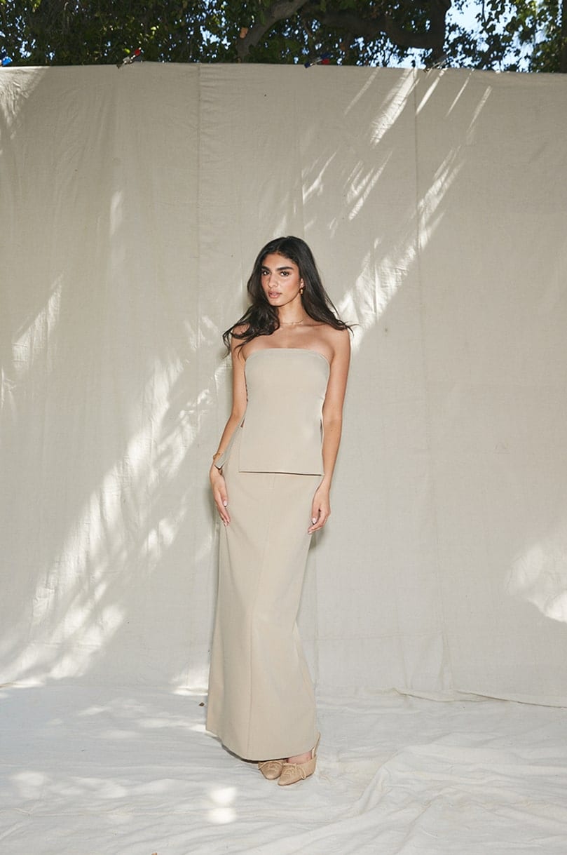 Woman in Idalia Tub Top and Idalia Maxi Skirt set with Shop the Collection overlay