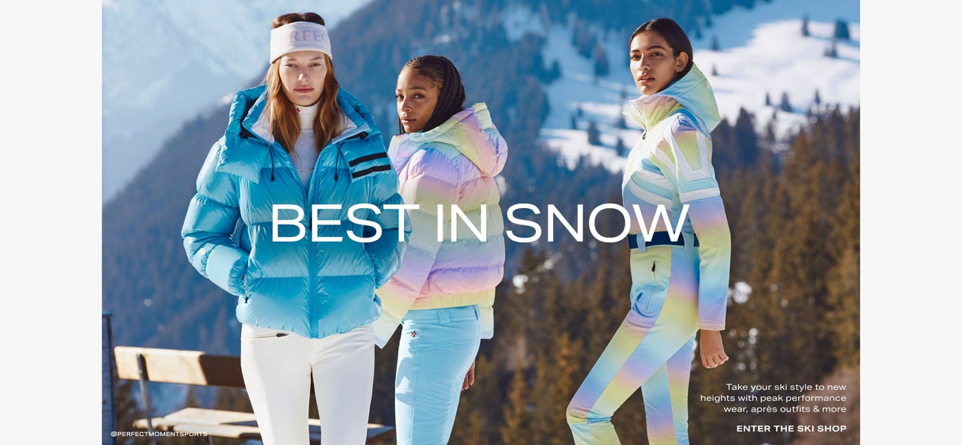 Perfect Moment bright blue puffer jacket, white pants. Perfect Moment pastel rainbow puffer jacket, blue pants. Perfect Moment pastel rainbow snowsuit. Best in Snow. Enter the Ski Shop.