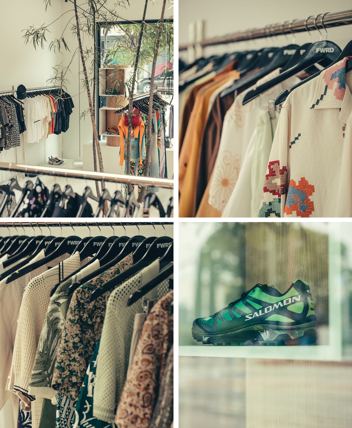 4 grid images showing the interior store of the FWRD Pop-up shop.
