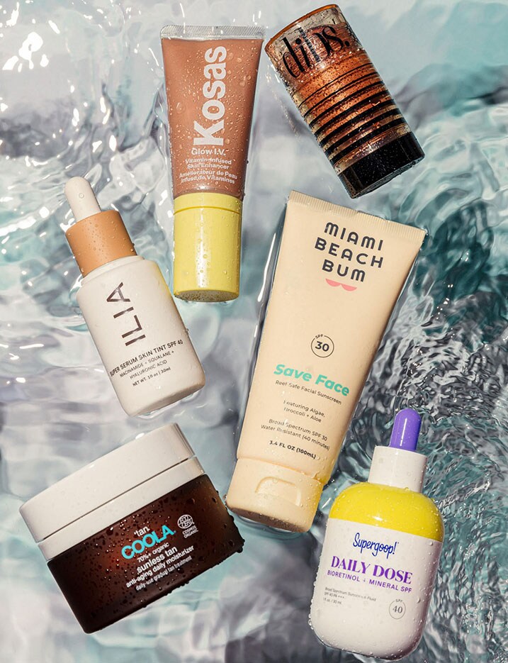 A close up of a multiple SPF and tanner products presented over a rippled water effect.