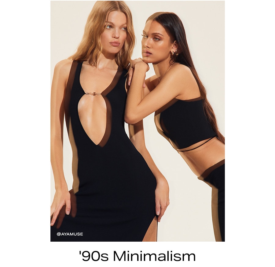 Three styled looks in all body-con styled black. '90s Minimalism.