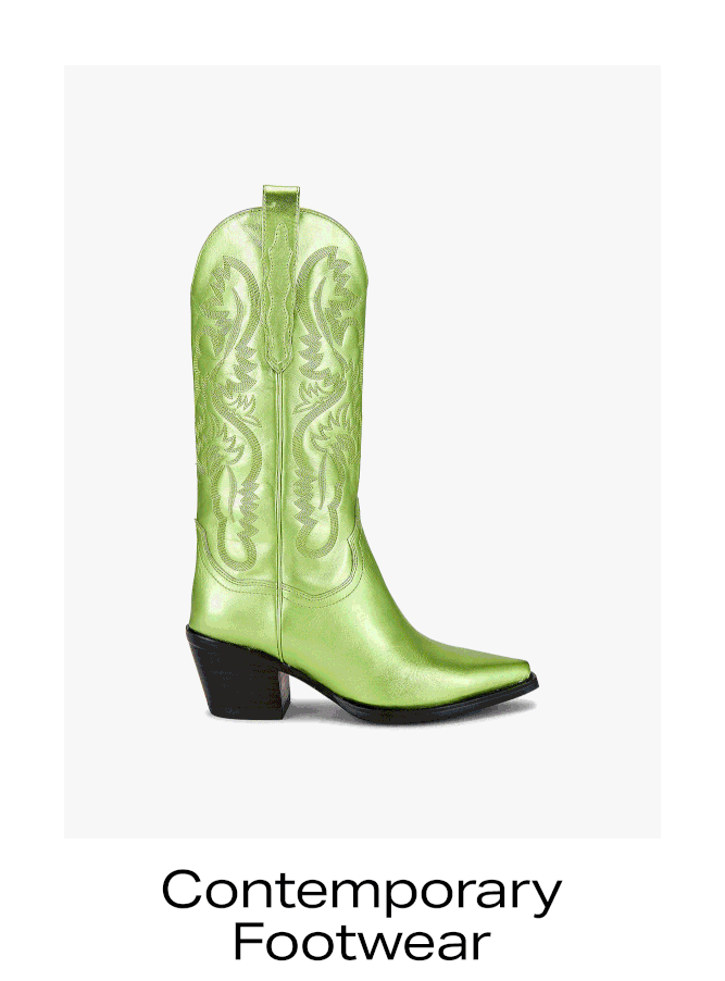 Alternating shoe styles from silver sneakers to bright multicolor platform heels and cork clogs. Contemporary Footwear.