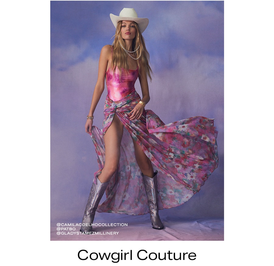 Two models in shades of pink and floral western inspired looks. Cowgirl Couture.