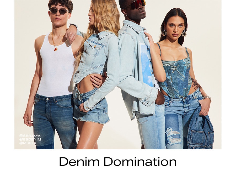 Four models dressed in full denim looks. Denim Domination.