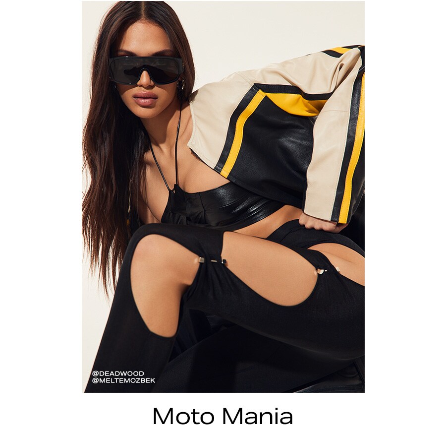 Nude and black leather moto jacket with yellow stripe. Moto Mania.