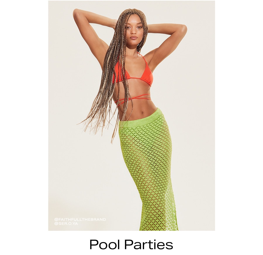 Two swim style looks in bright fuschia pink, orange and green. Pool Parties.