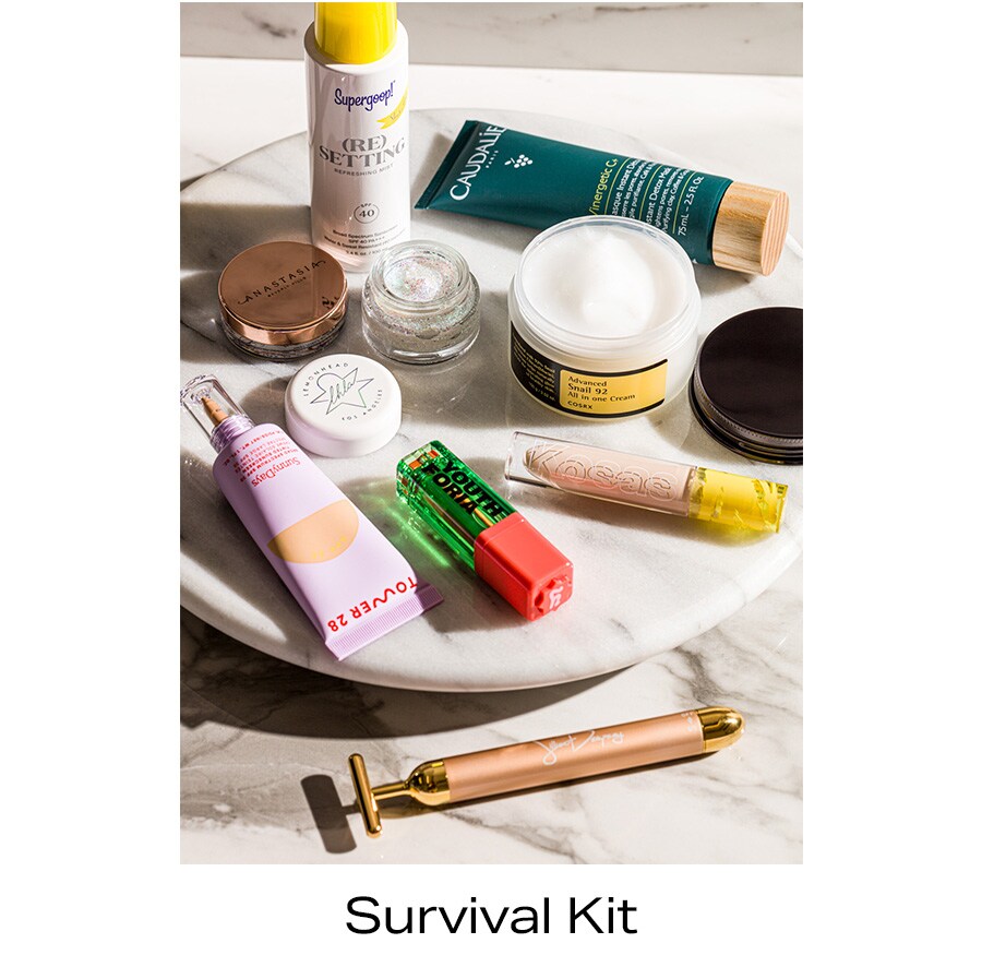 Variety of skincare products, makeup and tools. Survival Kit.