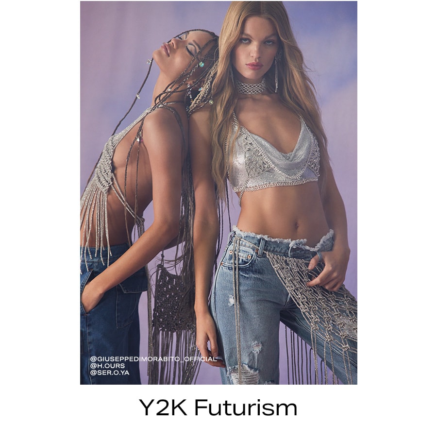 Two metallic chainmesh-style halter tops with metallic fringe accessories. Y2K Futurism.