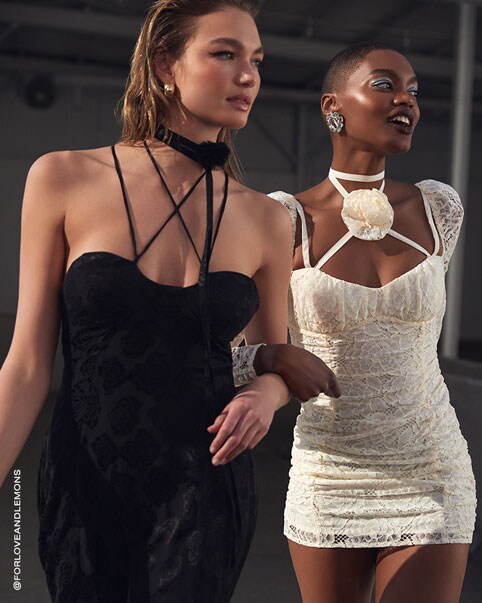 For Love and Lemons black strapless mini dress with rosette choker. For Love and Lemons lace white long-sleeve mini dress with rosette choker. On Your Spring Agenda. Shop the Edit.