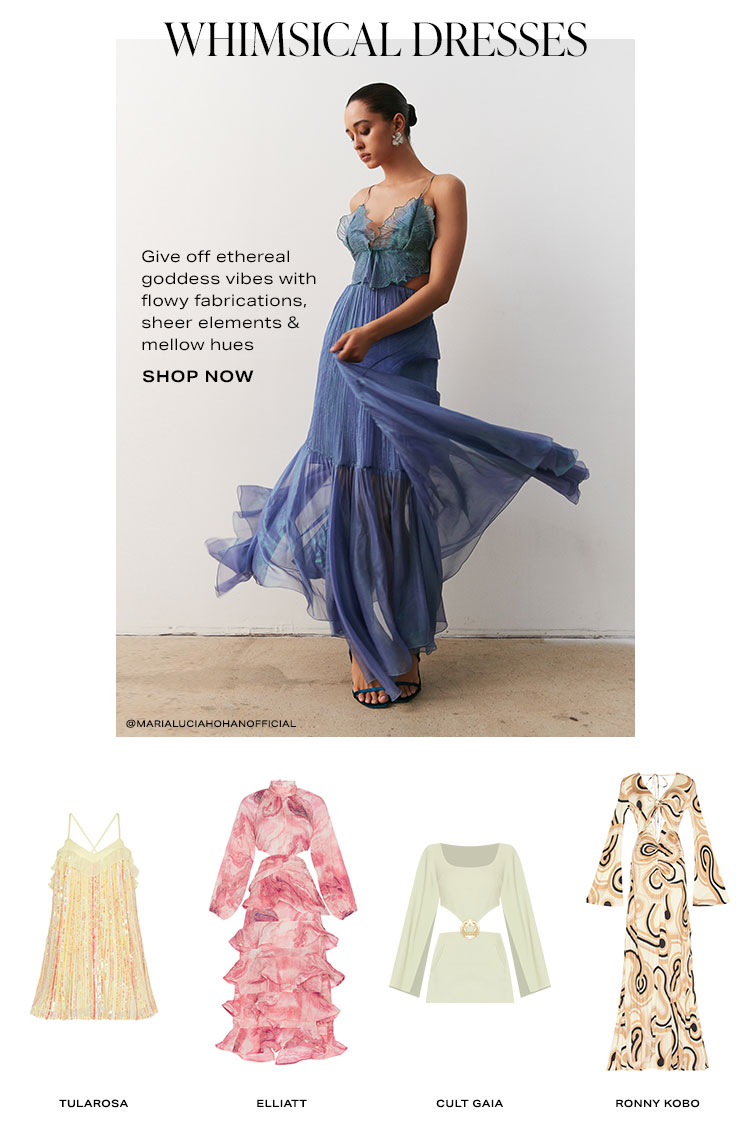 Whimsical Dresses. Give off ethereal goddess vibes with flowy fabrications, sheer elements & mellow hues. Shop now.