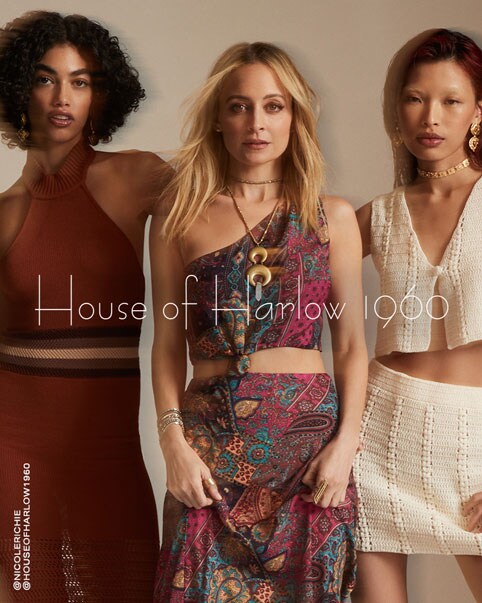 Nicole Richie in House of Harlow 1960 white blazer and black crop top. House of Harlow 1960 dark red crochet dress. Nicole Richie in House of Harlow 1960 multi-colored paisley dress. House of Harlow 1960 cream crochet matching set. House of Harlow 1960 white and gold mini dress. New House of Harlow 1960. Shop the Collection