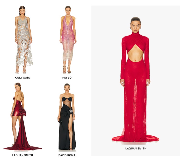 THE ART OF EVENT DRESSING. Jet-set invitations call for only the extra-exquisite—from frothy waterfall ruffles to crowning couture-esque gowns perfect for when the moment finally arrives. Get the Looks  CULT GAIA ! LAQUAN SMITH LAQUAN SMITH DAVID KOMA 