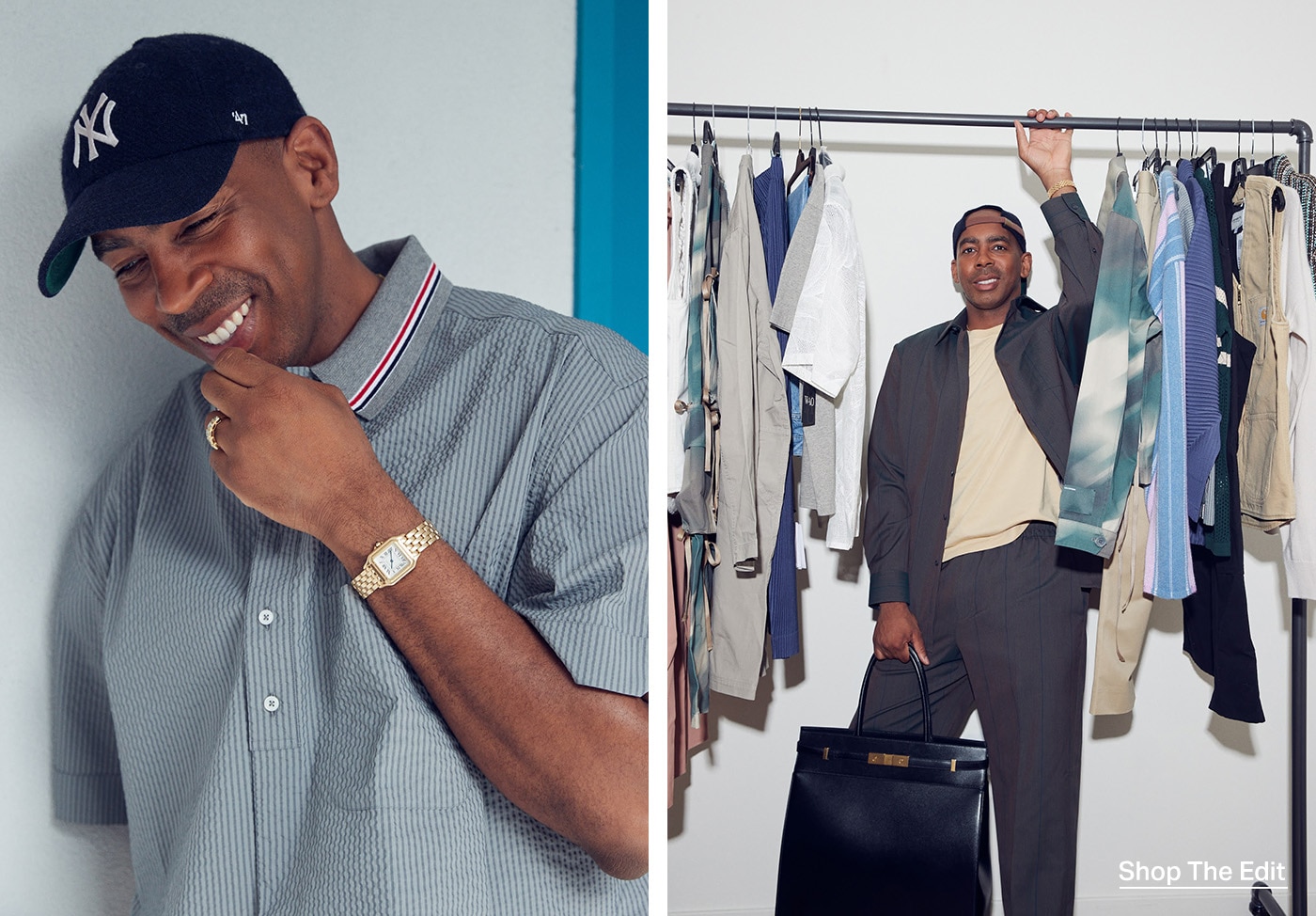 Two images of Jason Bolden smiling and posing under a clothes rack holding a Saint Laurent bag.