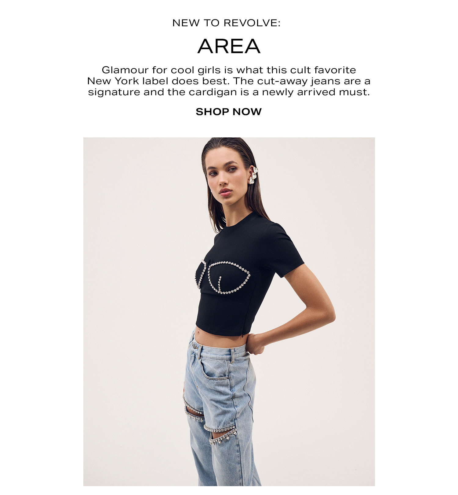 New to REVOLVE: AREA. Glamour for cool girls is what this cult favorite New York label does best. The cut-away jeans are a signature and the cardigan is a newly arrived must.  