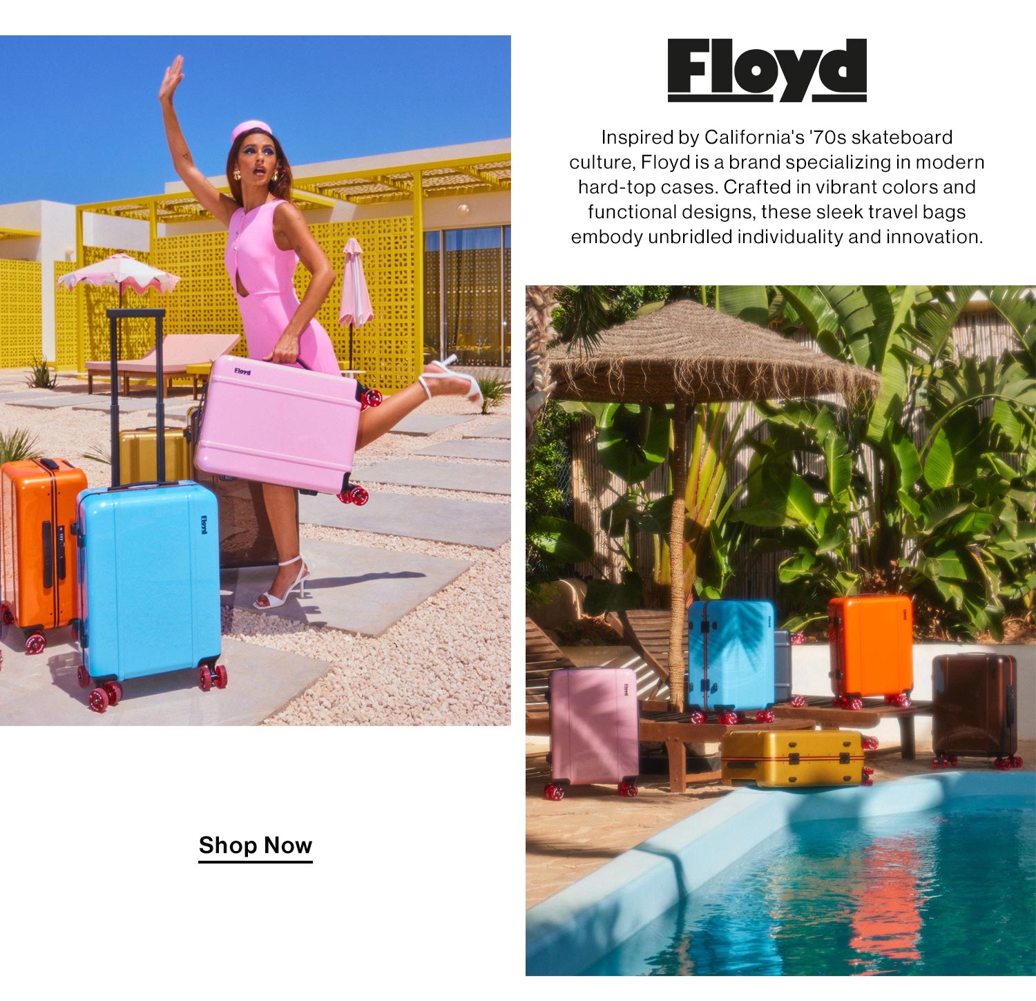 FLOYD. Inspired by California's '70s skateboard culture, Floyd is a brand specializing in modern hard-top cases. Crafted in vibrant colors and functional designs, these sleek travel bags embody unbridled individuality and innovation. Shop Now