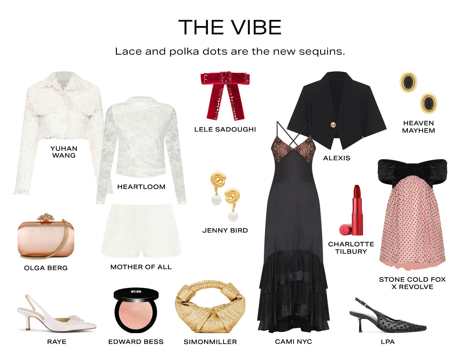 The Vibe. Product Assortment of lace and polka dots. Shop Now. 