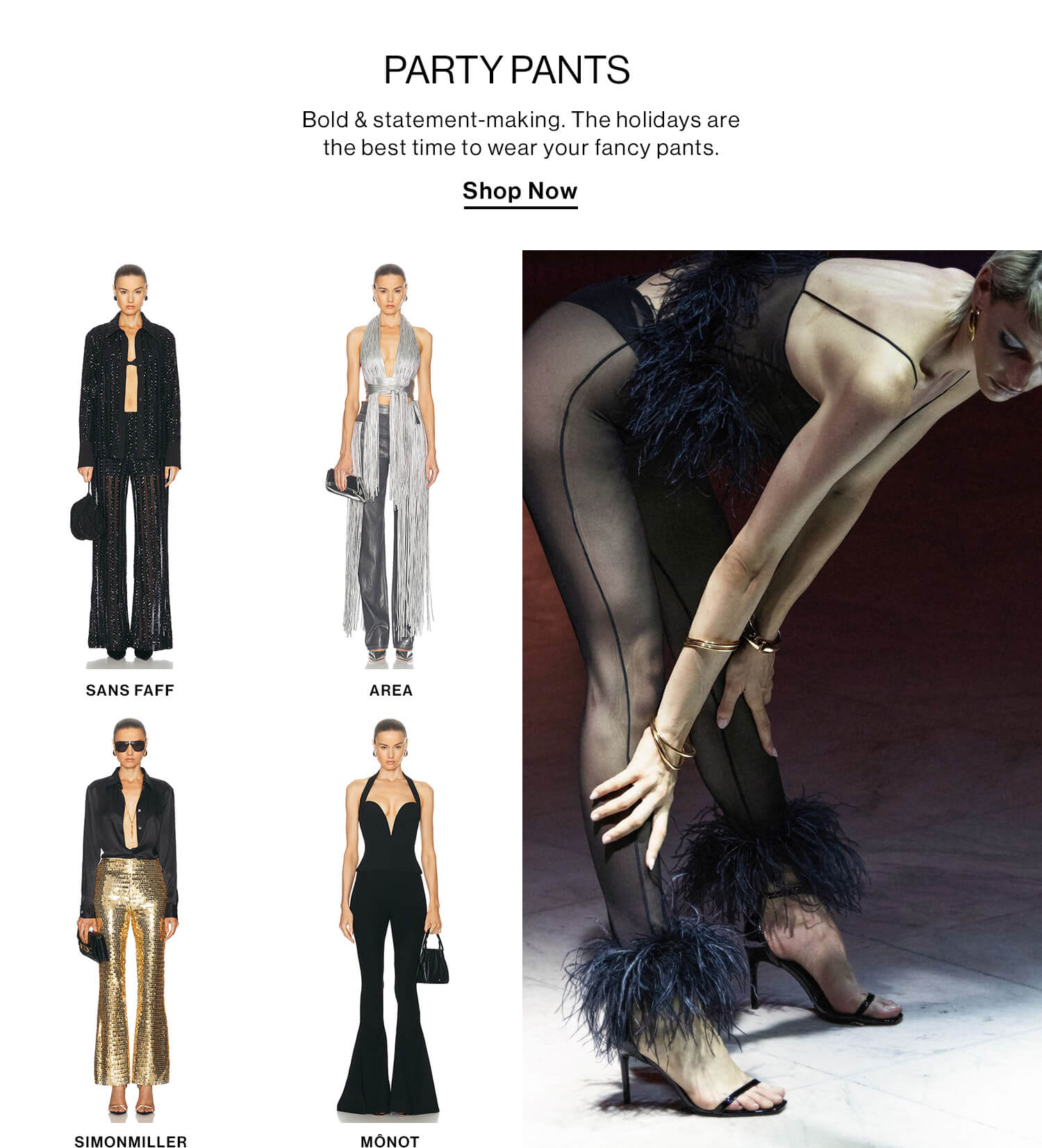 PARTY PANTS DEK: Bold & statement-making. The holidays are the best time to wear your fancy pants. CTA: Shop Now