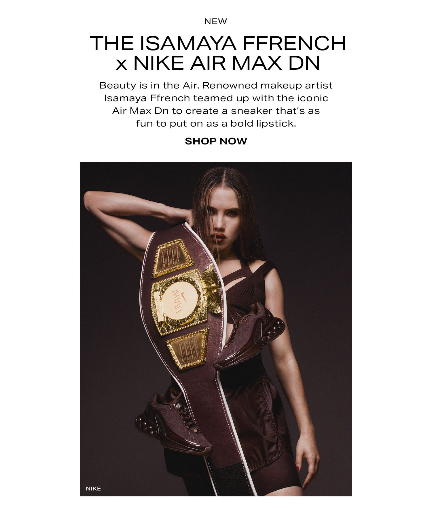 NEW. The Isamaya Ffrench x Nike Air Max Dn. When beauty meets sport. Renowned makeup artist Isamaya Ffrench teamed up with the iconic Air Max Dn to create a sneaker that's as fun to put on as a bold lipstick. Shop Now.