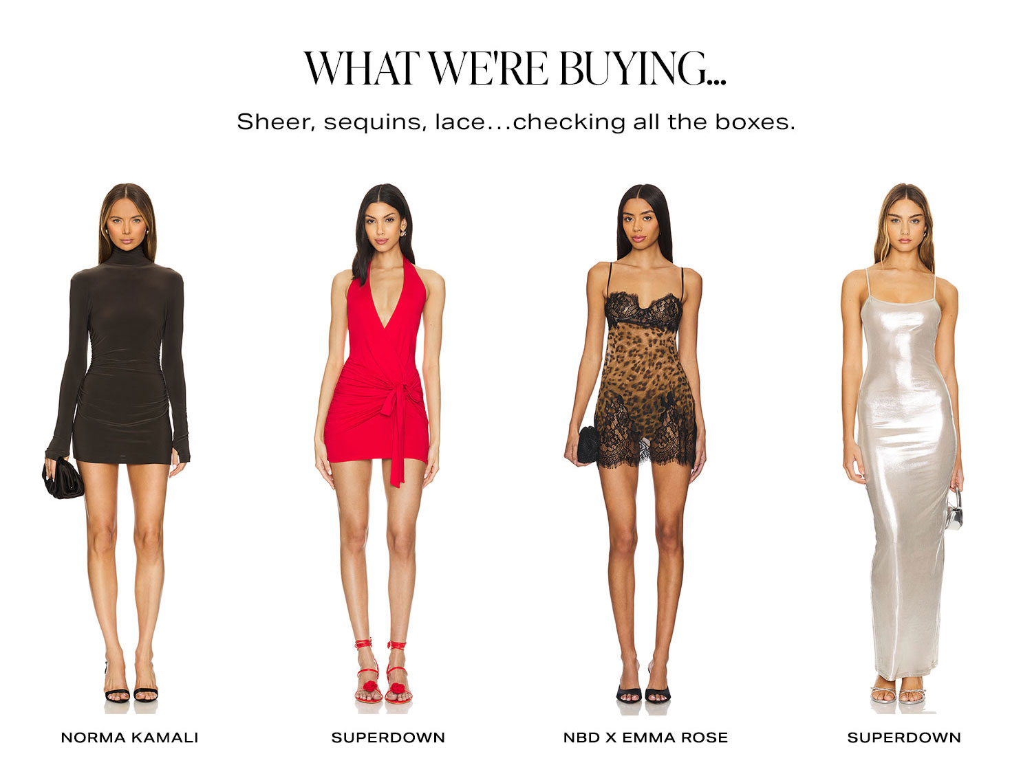 What We're Buying... Sheer, sequins, lace...checking all the boxes. Row of Product.