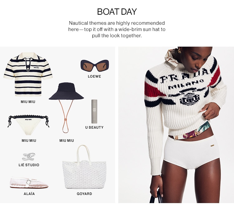 BOAT DAY. Nautical themes are highly recommended here—top it off with a wide-brim sun hat to pull the look together.