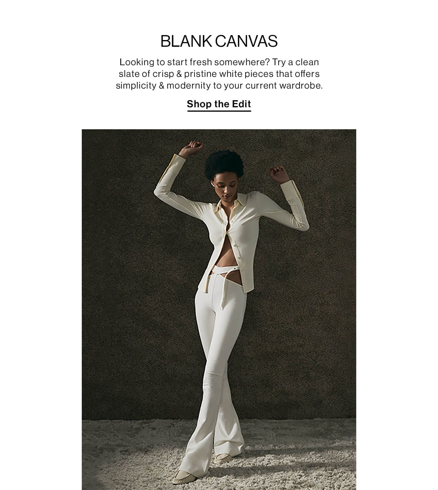 BLANK CANVAS DEK: Looking to start fresh somewhere? Try a clean slate of crisp & pristine white pieces that offers simplicity & modernity to your current wardrobe. CTA: Shop the Edit