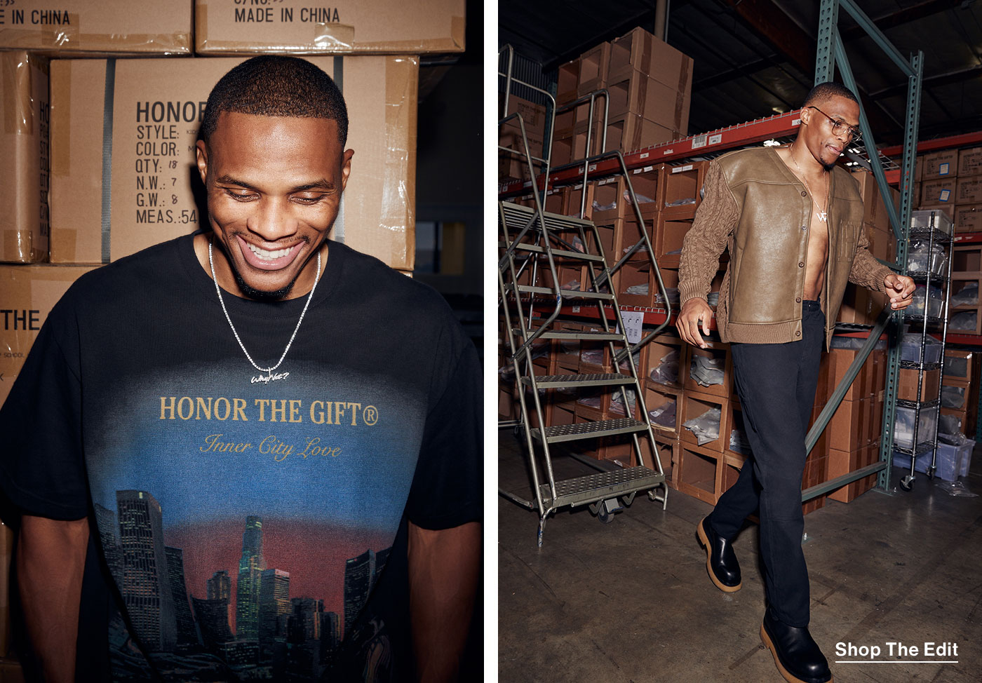 Russel Westbrook in a warehouse.