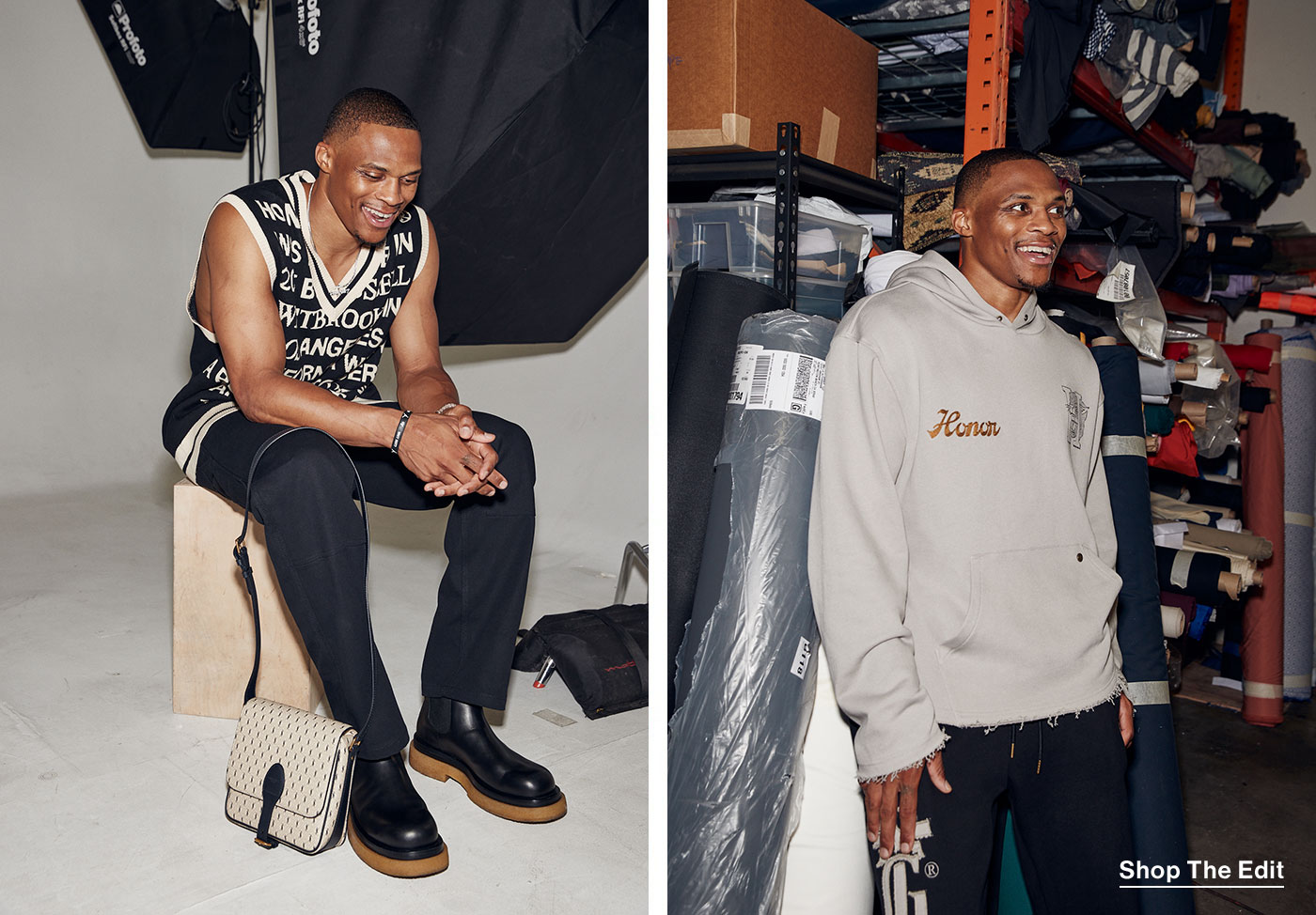 Russell Westbrook sitting with a graphic black and white tank top to the left and a grey sweater on the right.