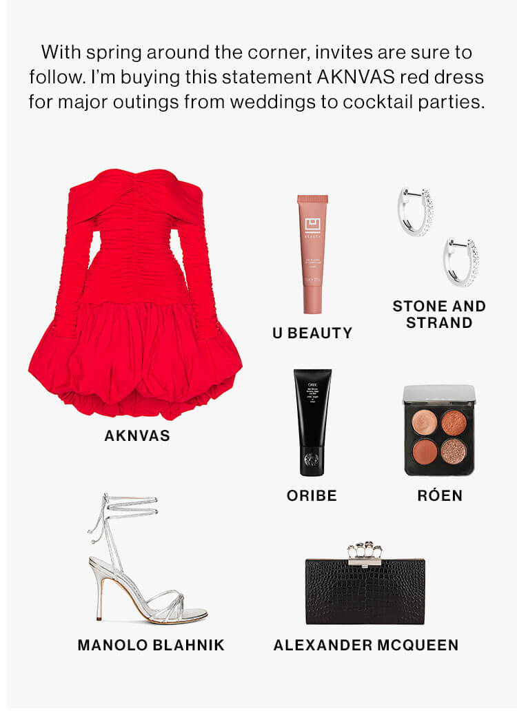 With spring around the corner, invites are sure to follow. I’m buying this statement AKNVAS red dress for major outings from weddings to cocktail parties.