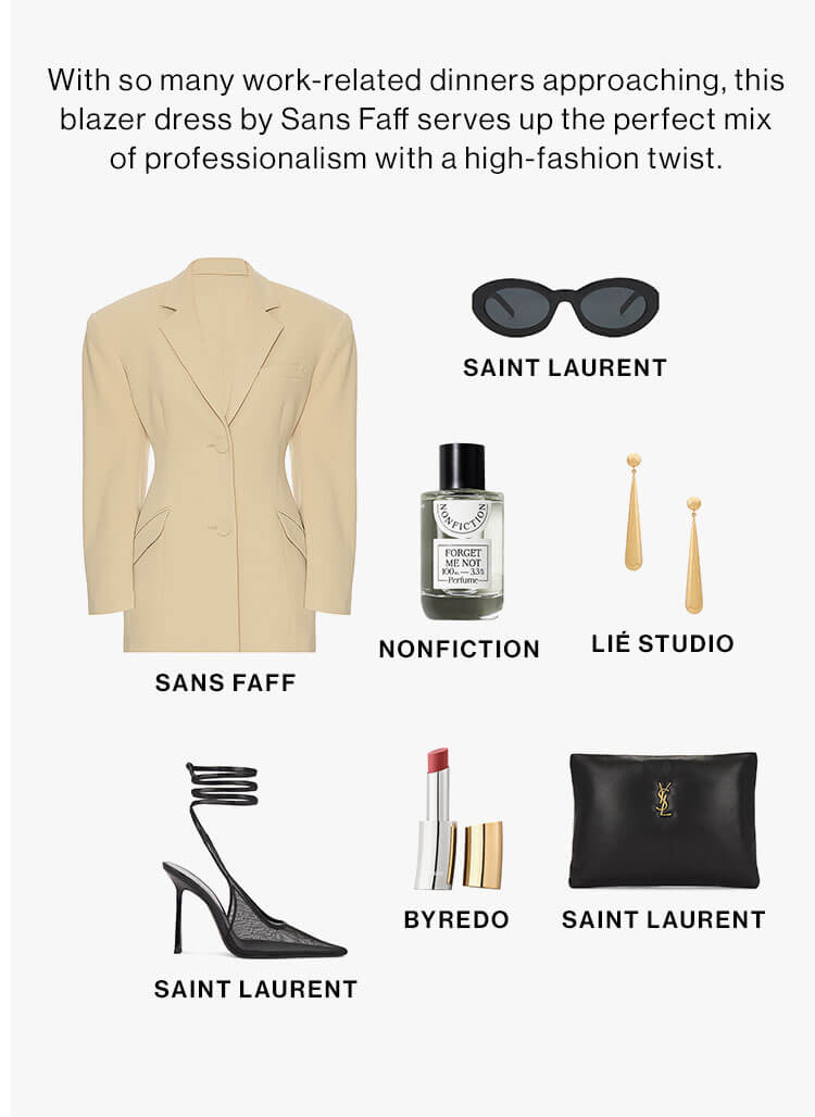 With so many work-related dinners approaching, this blazer dress by Sans Faff serves up the perfect mix of professionalism with a high-fashion twist.