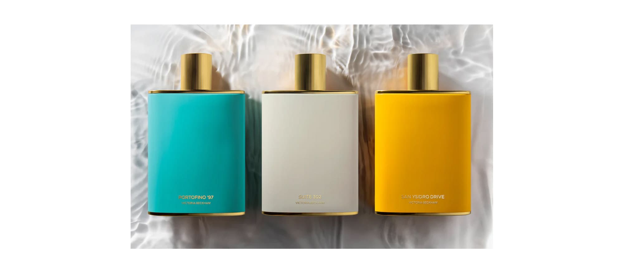 Fragrance bottles of Portofino 97, Suite 302, and San Ysidro Drive.