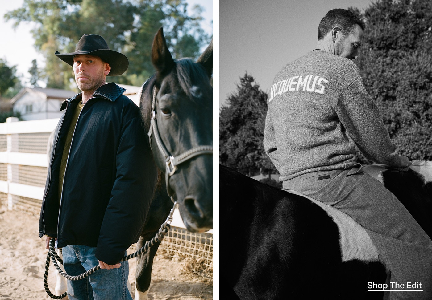 Nick Turner in a black jacket and hat on the left. Black and white photo of Nick Turner sitting on a horse on the right.