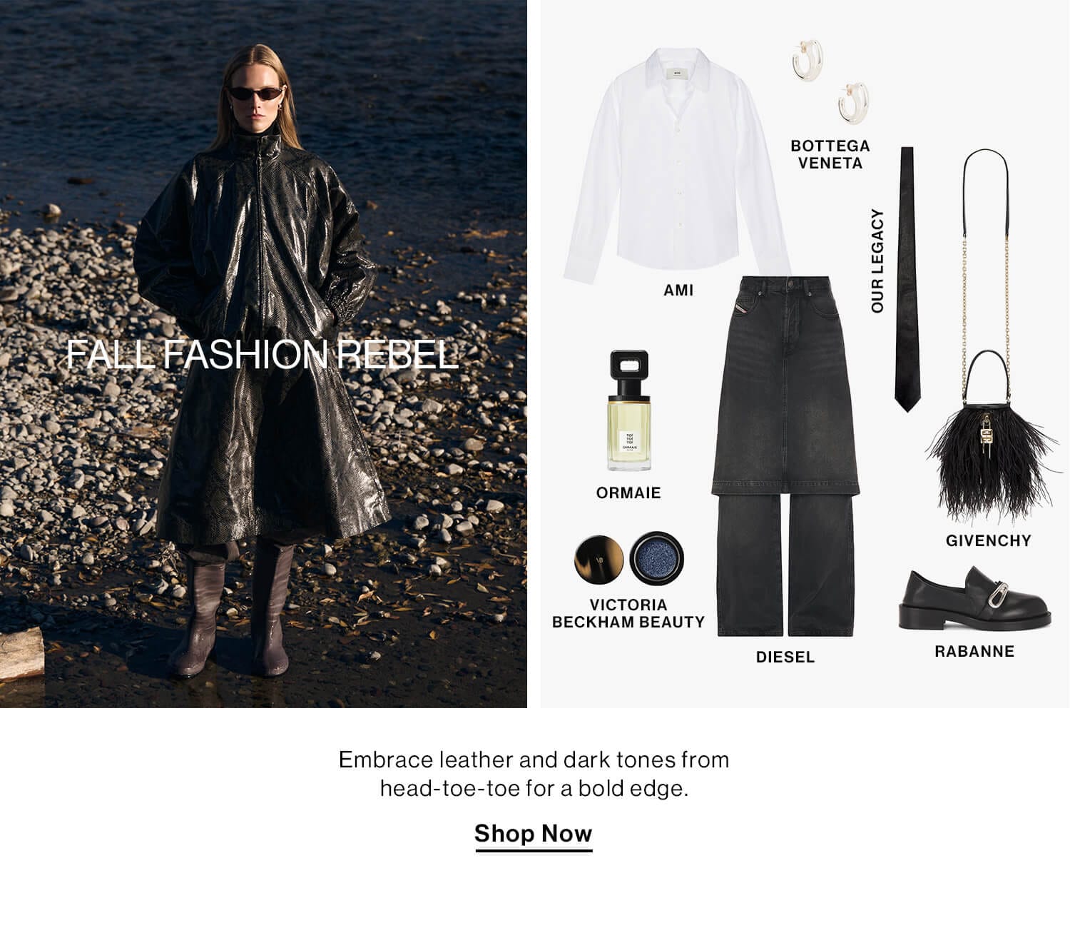 Fall Fashion Rebel DEK: Embrace leather and dark tones from head-toe-toe for a bold edge. CTA: Shop Now