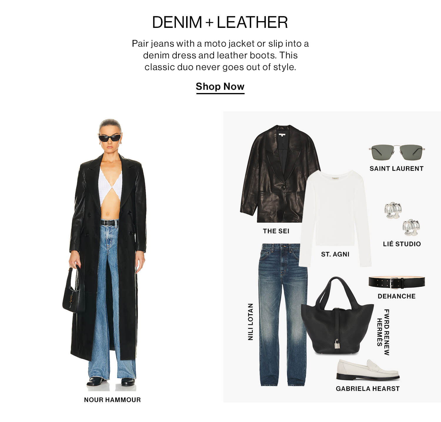 Denim + Leather DEK: Pair jeans with a moto jacket or slip into a denim dress and leather boots. This classic duo never goes out of style. CTA: Shop Now