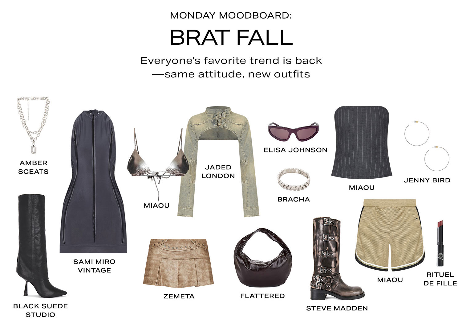 Monday Moodboard: Brat Fall. Everyone's favorite trend is back-same attitude, new outfits. Product Assortment.