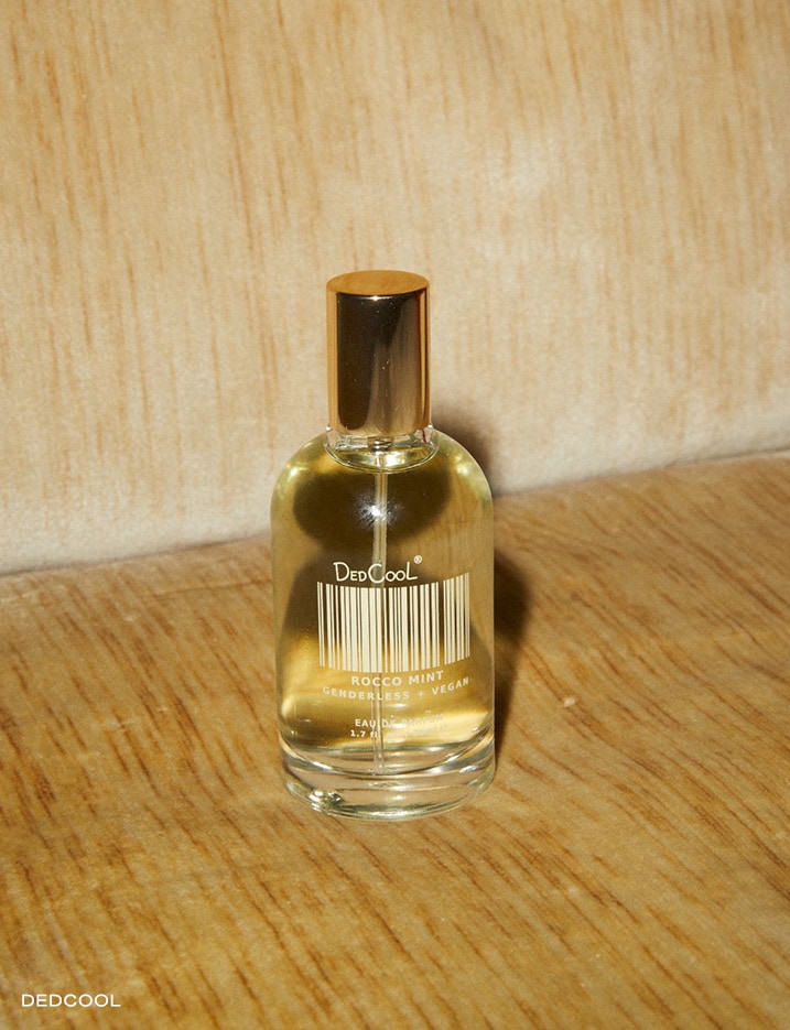 A bottle of Ded Cool brand Roco Mint fragrance.