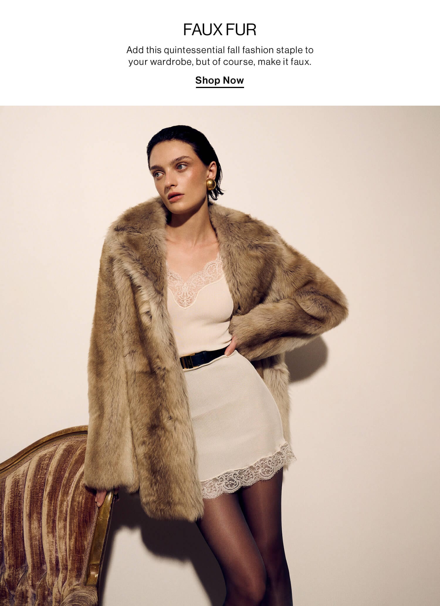 Faux Fur  DEK: Add this quintessential fall fashion staple to your wardrobe, but of course make it faux.  CTA: Shop Now