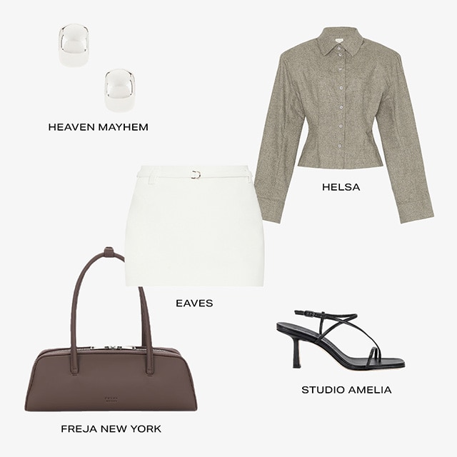 Soft tweed and structured shapes are our latest obsession. Style this cinched Helsa button-up with a tailored skirt and the season’s It bag for a refined, cool-girl look.
