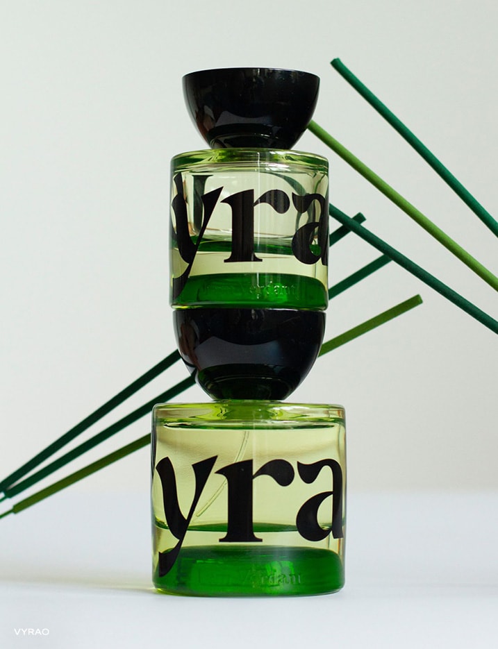 Two bottles of Vyrao I Am Verdant perfume stacked on top of each other.