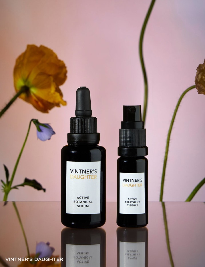 Two bottles of Vintner's Daughter Active Botanical Serum and Active Treatment Essence.