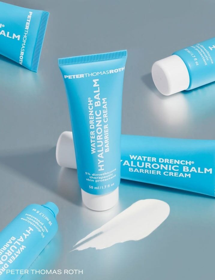 Multiple containers of Peter Thomas Roth hyaluroic balm barrier creams.