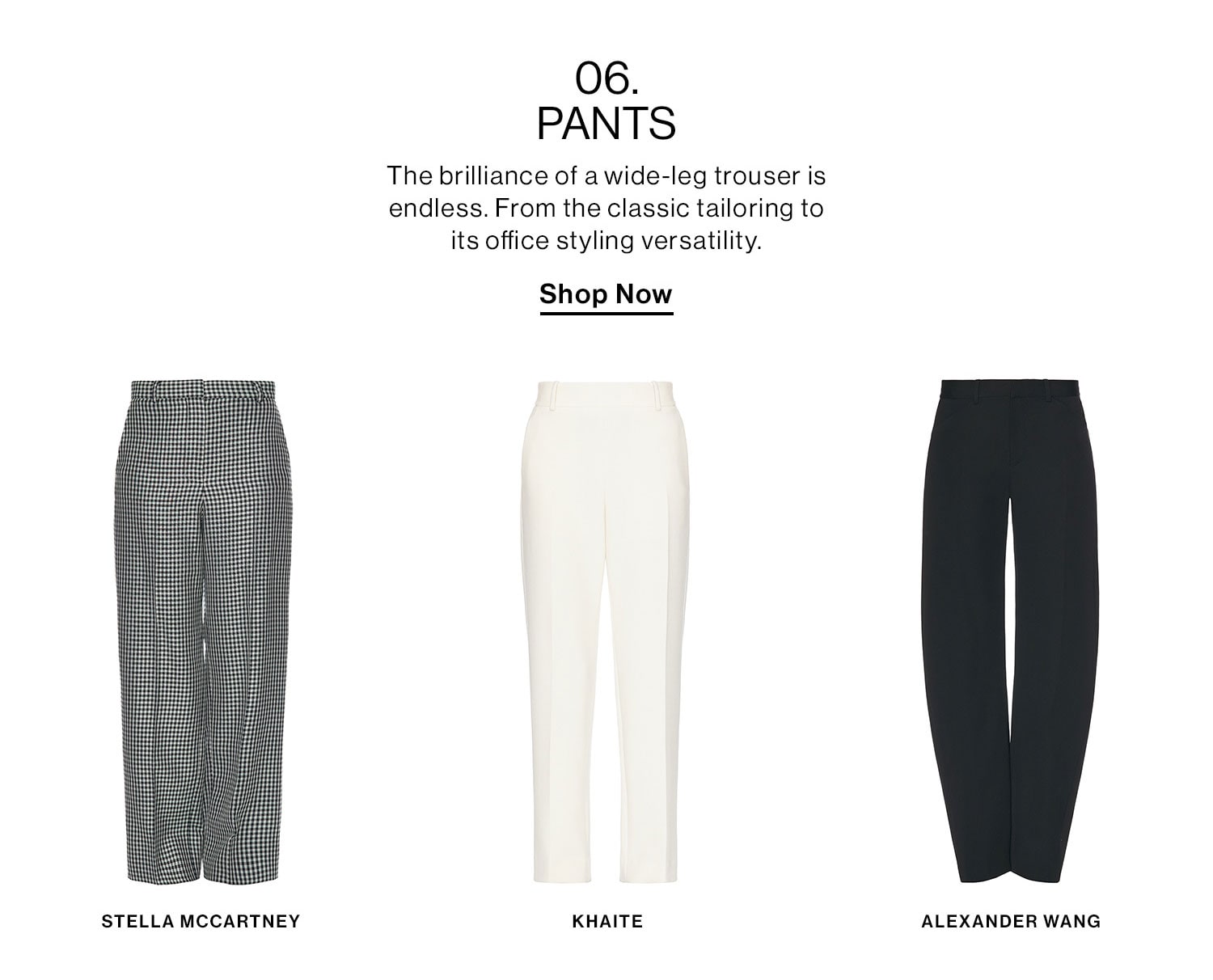 06. PANTS. The brilliance of a wide-leg trouser is endless. From the classic tailoring to its office styling versatility. Shop Now.